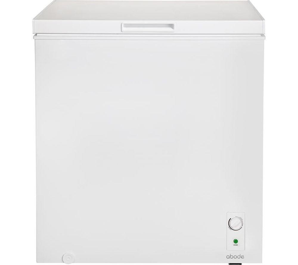 White 198L chest freezer with a smooth exterior, featuring a front handle, adjustable temperature dial, and a small green power indicator light.