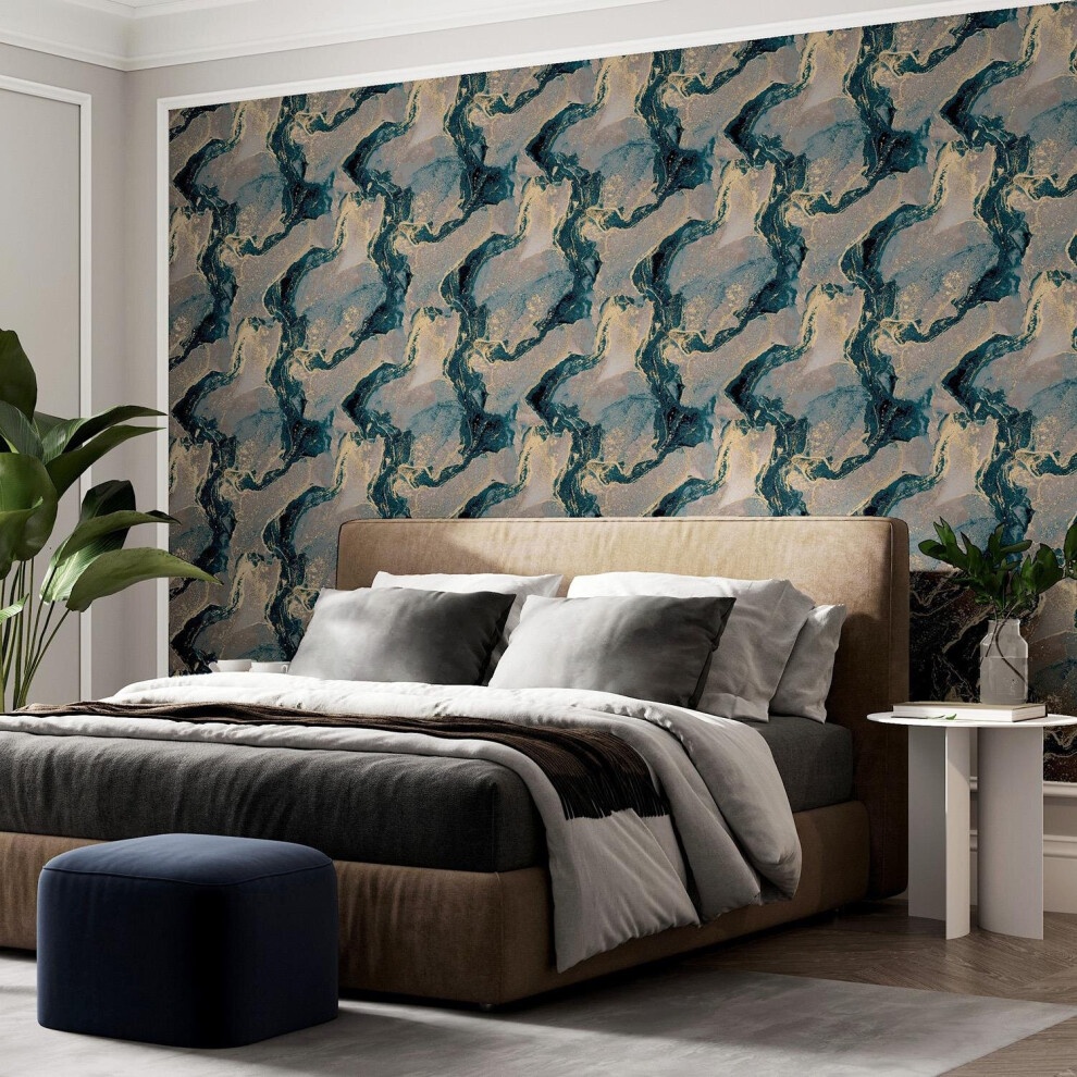 Abstract Teal and Gold Marble Teal and Gold Wallpaper - image 2