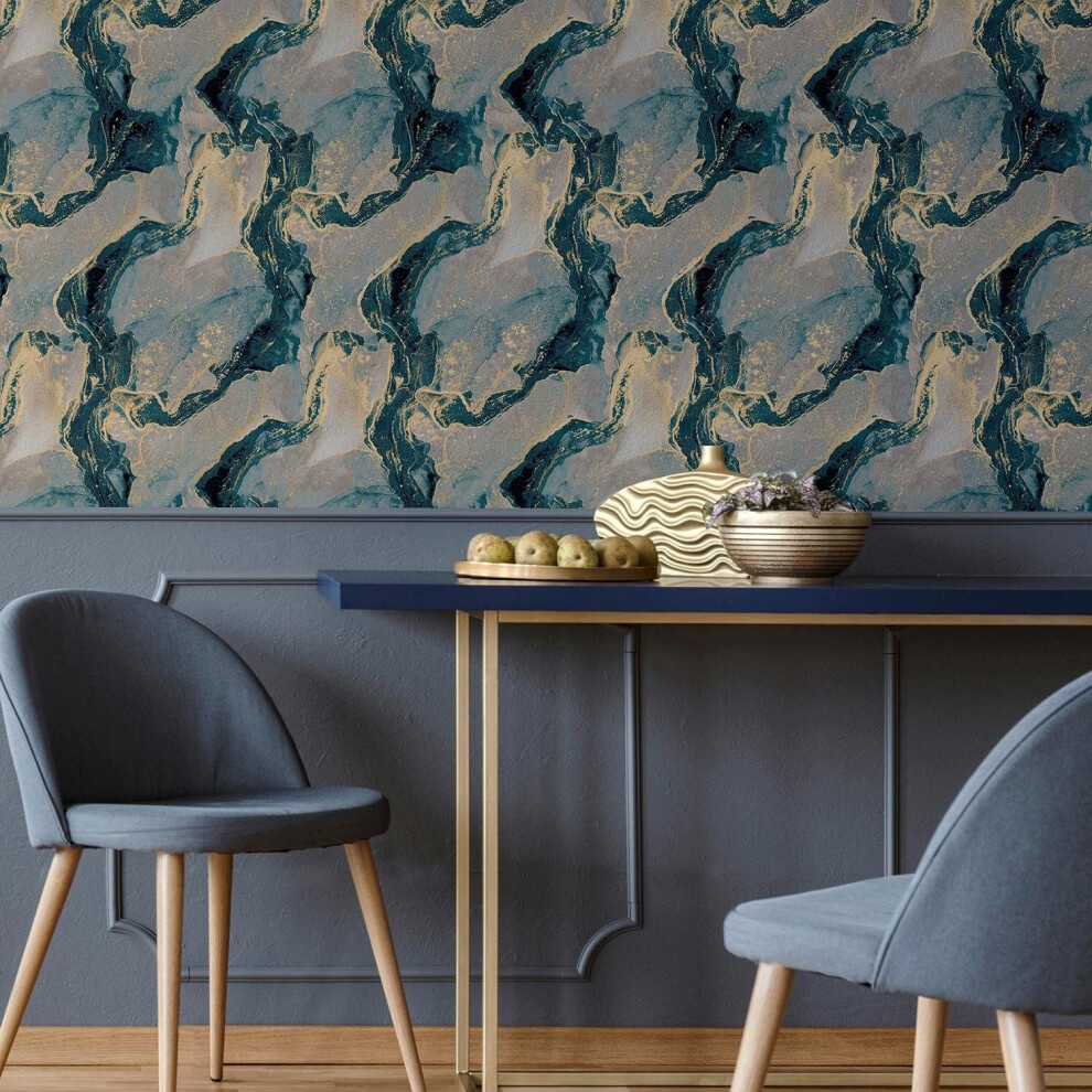 Abstract Teal and Gold Marble Teal and Gold Wallpaper - image 3