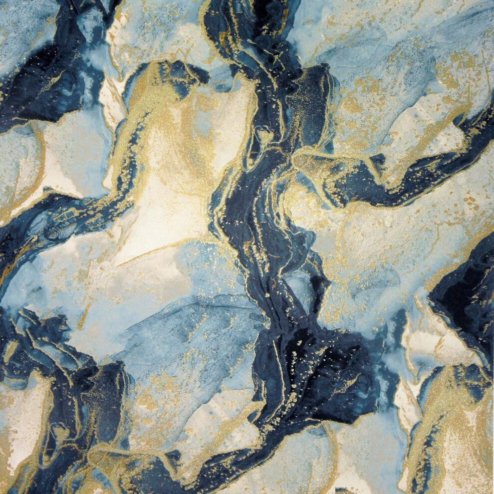 Dark blue abstract wallpaper featuring swirling patterns in shades of blue, gold accents, and a glossy finish, creating a luxurious and modern aesthetic.