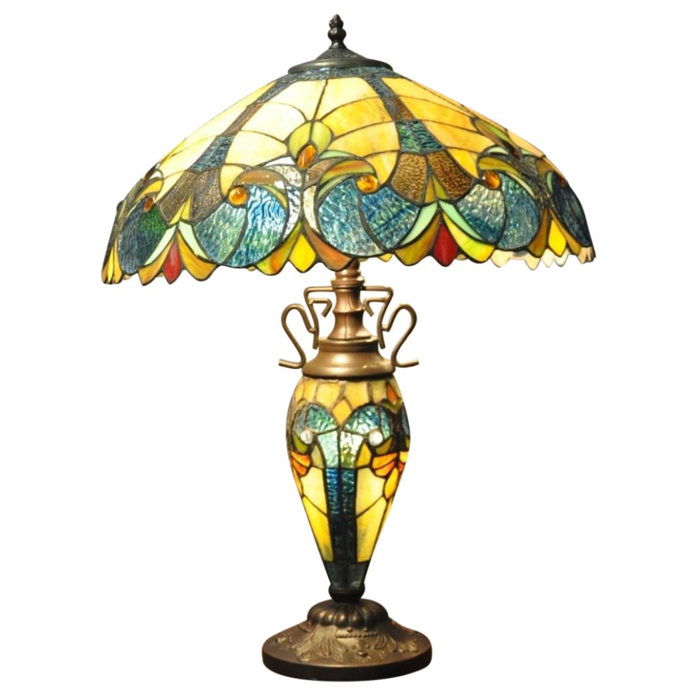 Blue and yellow stained glass Tiffany lamp with intricate floral patterns, a bronze base, and a 68cm height, showcasing vibrant colors and a classic design.