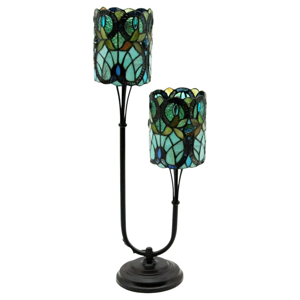 Twin Stem Tiffany Lamp featuring two intricately designed shades in blue and green stained glass, supported by a sleek black metal base.