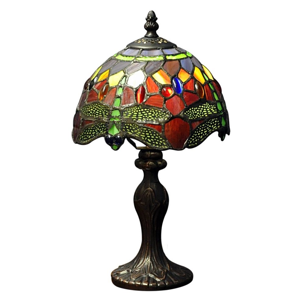 Tiffany-style lamp featuring a colorful stained glass shade with red dragonflies, set on an ornate bronze base, measuring 8 inches tall.