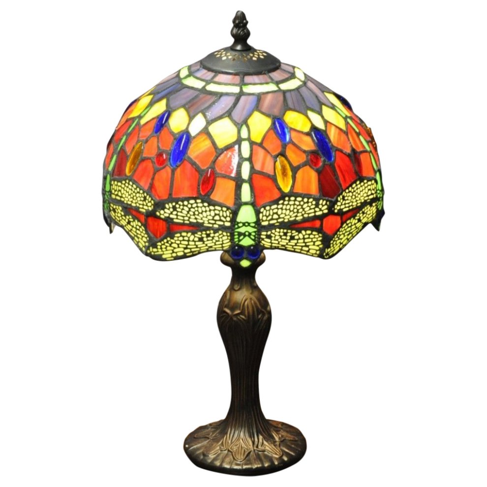 Stunning 10" Red Dragonfly Tiffany lamp featuring a colorful stained glass shade with red, yellow, and green dragonfly motifs, supported by an ornate bronze base.
