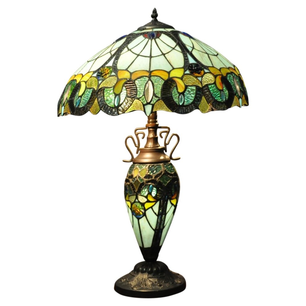 Multi-coloured Tiffany lamp featuring a stained glass shade with intricate floral patterns, a bronze-finished base, and a height of 68cm.