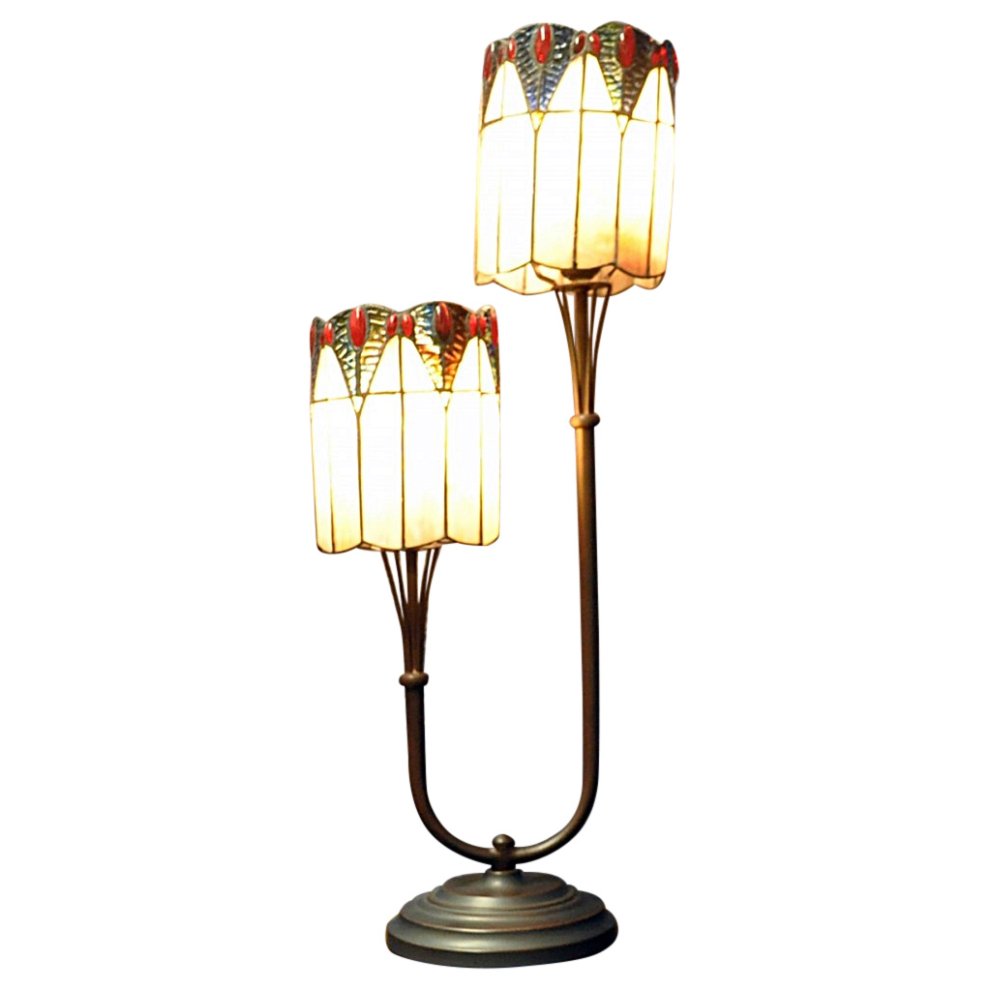 Twin stem Tiffany lamp featuring dark blue and red stained glass shades, with an elegant bronze base and curved design, standing 67cm tall.