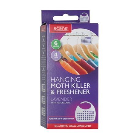 Acana Hanging Moth Killer and Lavender Freshener pack features four colorful units in a purple box, highlighting natural oils and an automatic end-of-life indicator.