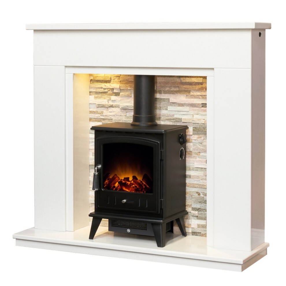 Acantha Amalfi White Marble and Black Fireplace with Downlights and Aviemore Electric Stove 48 inch - image 4
