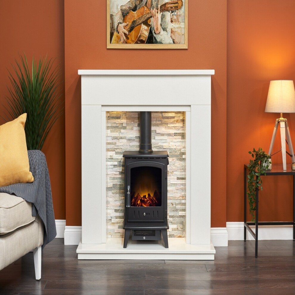 Acantha Amalfi White Marble and Black Fireplace with Downlights and Aviemore Electric Stove 48 inch - image 5