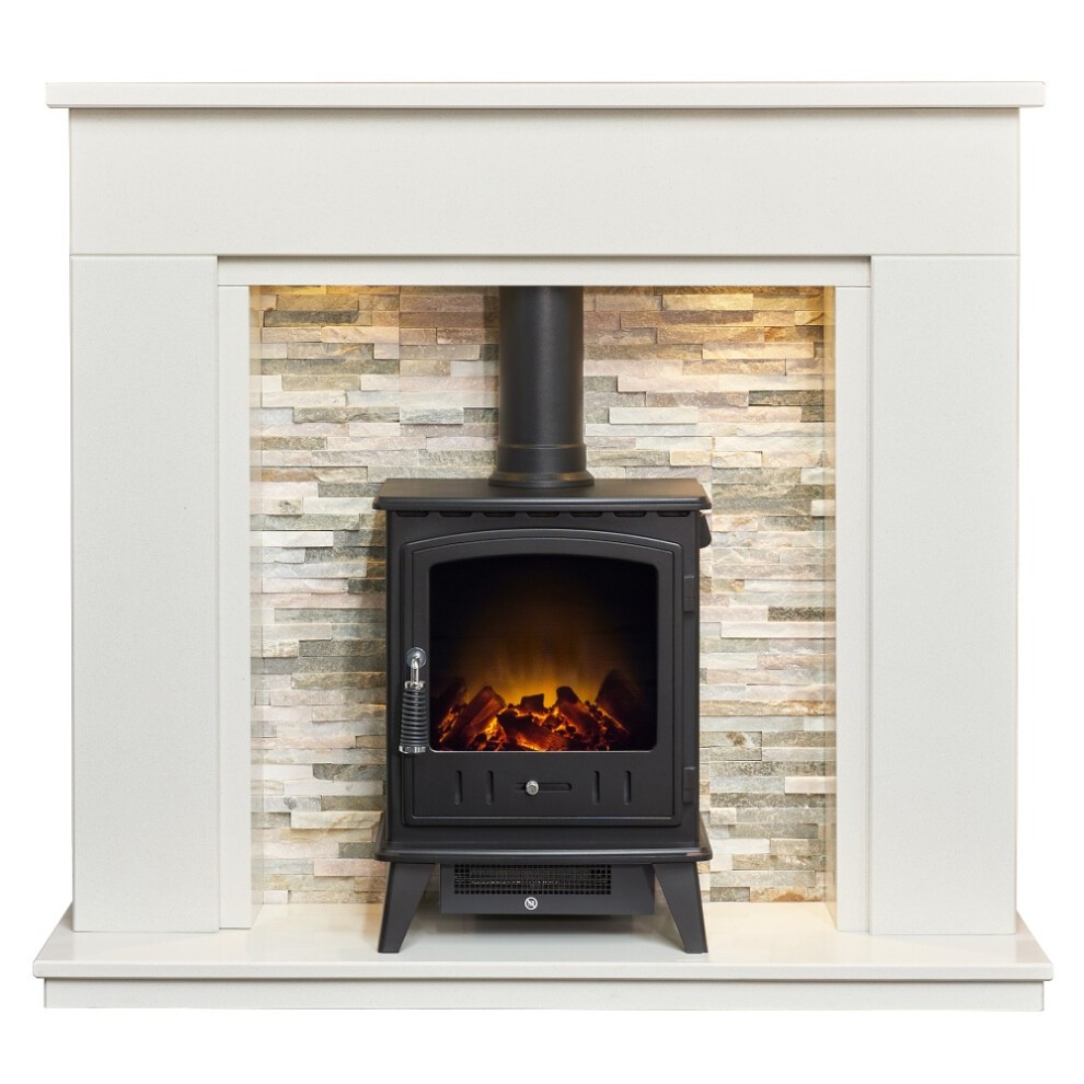 Acantha Amalfi white marble fireplace features downlights, a textured stone backdrop, and a black Aviemore electric stove with a glowing flame effect.