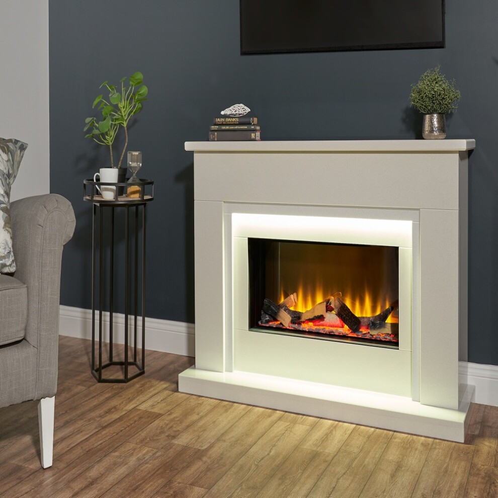 White marble electric fireplace suite with a 54-inch design, featuring a glowing fire display, modern lighting, and a sleek mantel, set against a dark wall and wooden floor.