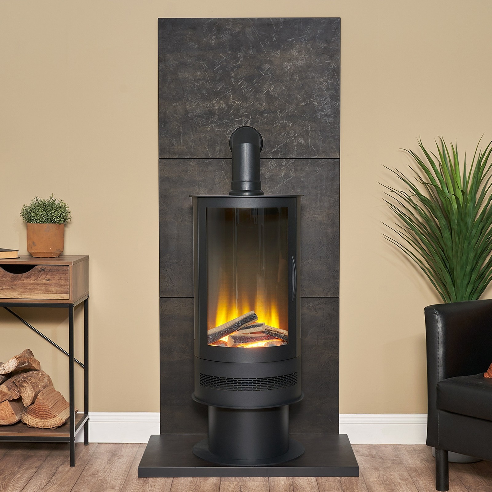 Acantha Charcoal Grey Orbit Cylinder Electric Stove with Black Angled Stove Pipe - image 3