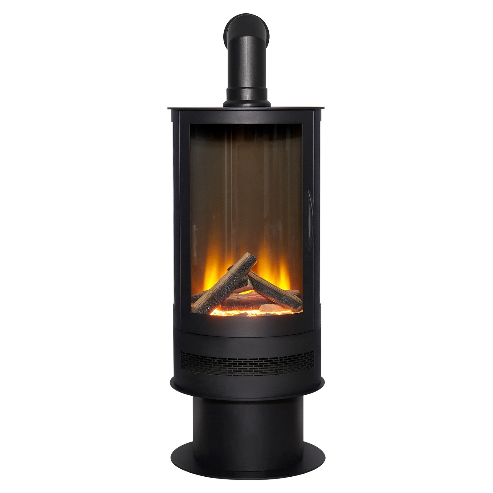Black electric stove with a cylindrical design, featuring a glass front, realistic log effect, and an angled stove pipe for efficient ventilation.