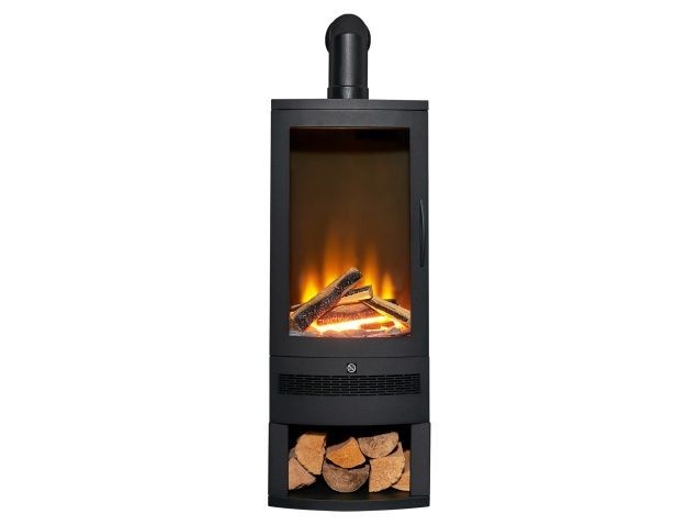 Black Acantha Horizon Electric Stove featuring a glass front, realistic flame effect, log storage compartment, and an angled stove pipe at the top.
