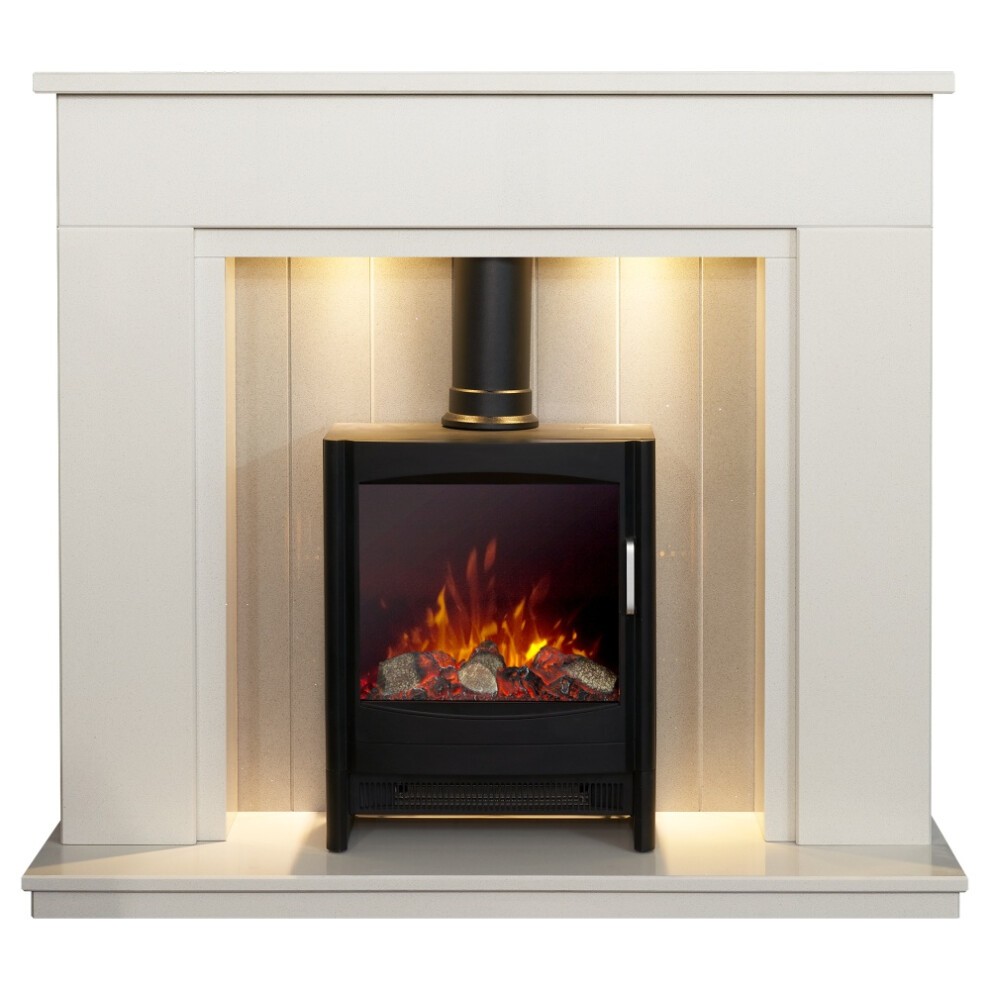 White and grey marble fireplace featuring downlights, a sleek black stove with a glass front displaying realistic flames and logs, set within a modern mantel design.