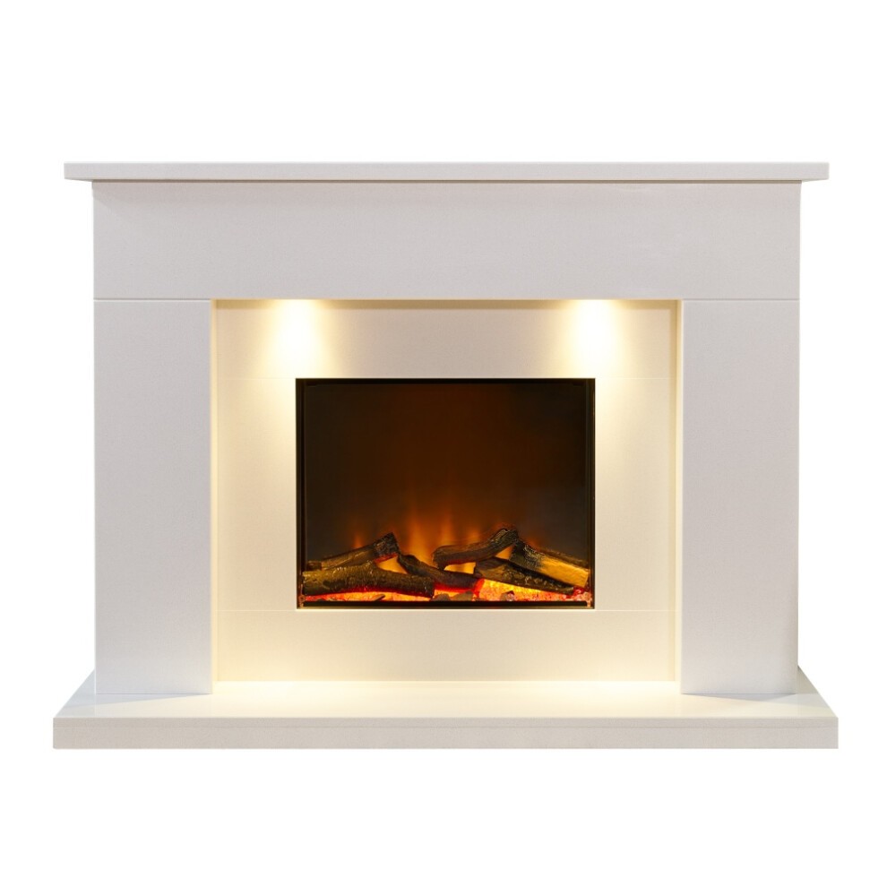 Acantha Minnesota white marble electric fireplace suite features a sleek design with a 50-inch white marble finish, illuminated logs, and built-in lighting for a modern touch.