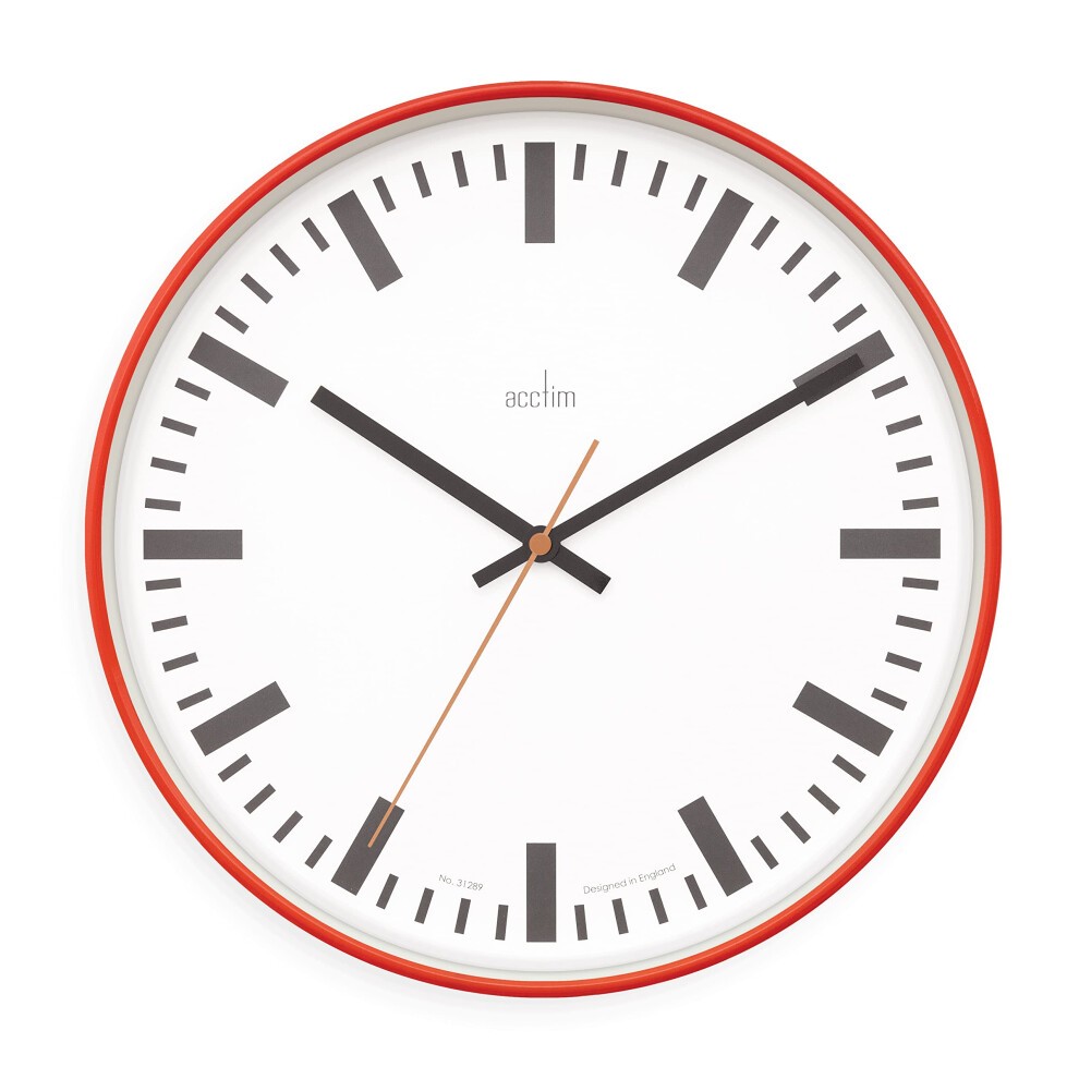 White wall clock with a red plastic frame, featuring bold black hour markers, black hands, and a distinctive orange second hand, measuring 30cm in diameter.