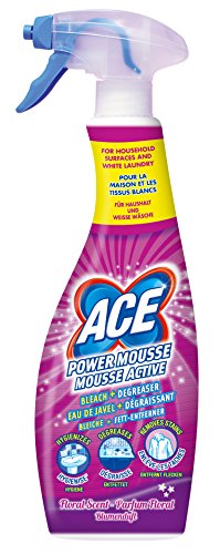 Blue spray bottle of ACE for Whites Stain Remover, 700ml, featuring a trigger spray top and vibrant graphics, promoting its bleach and degreaser properties.