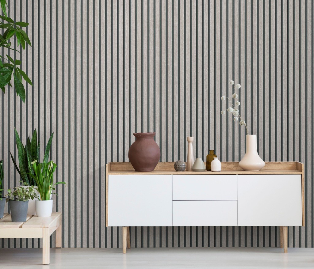 Acoustic Panel Wood Slat Realistic Taupe Wallpaper - image 4