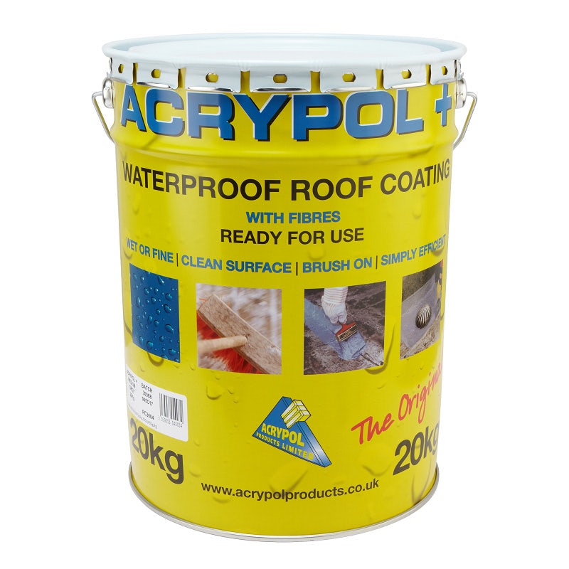 Acrypol 20kg grey waterproof roof coating in a cylindrical metal container, featuring a handle, product label, and images illustrating application methods.