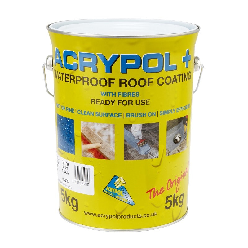 Medium grey 5kg tin of Acrypol + Waterproof Roof Coating, featuring a bright yellow label with blue text, indicating it's ready for use and contains fibres.