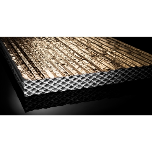 Two Actis Hybris panels, 155mm thick, featuring a honeycomb structure with a shiny gold foil surface, showcasing lightweight insulation material ideal for construction.