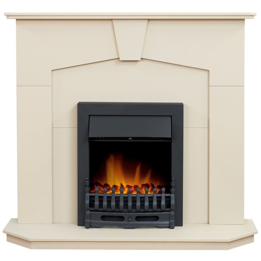 Stone effect fireplace in a soft cream color featuring a black Blenheim electric fire, 48 inches wide, with realistic flame effect and decorative grate.