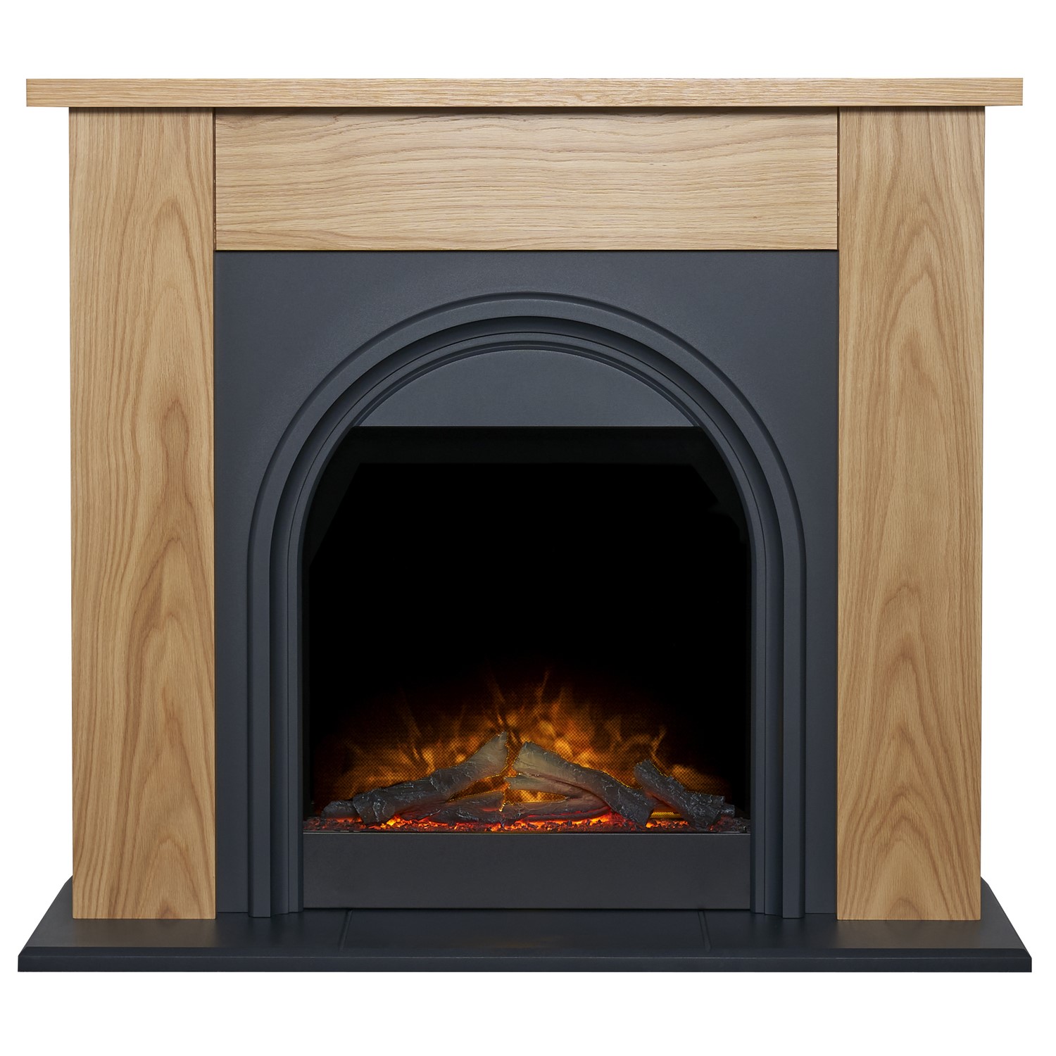 Adam Burlington Electric Fireplace Suite features an oak finish with charcoal grey accents, a 44-inch design, and a realistic flame effect behind a curved arch.