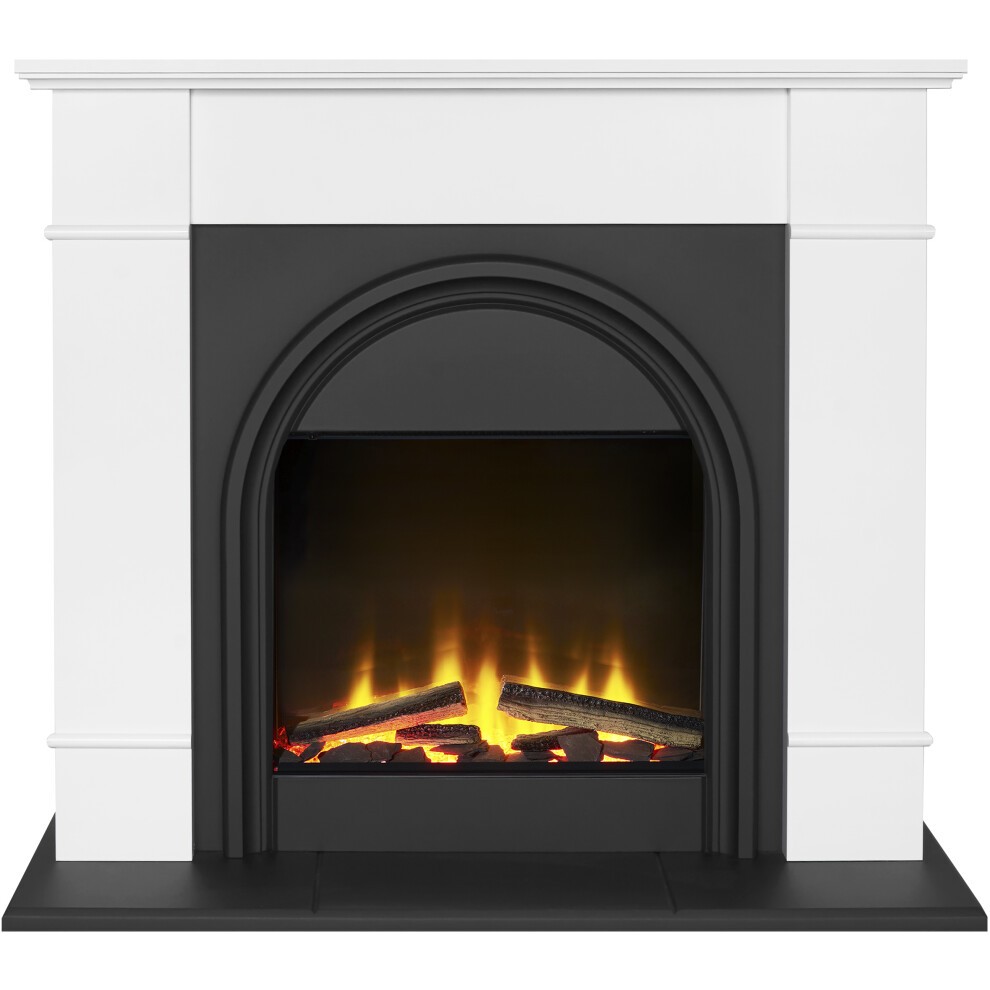 Adam Chesterfield Electric Fireplace Suite features a white and charcoal grey design, 44 inches wide, with a classic arched mantel and realistic flame effect with faux logs.
