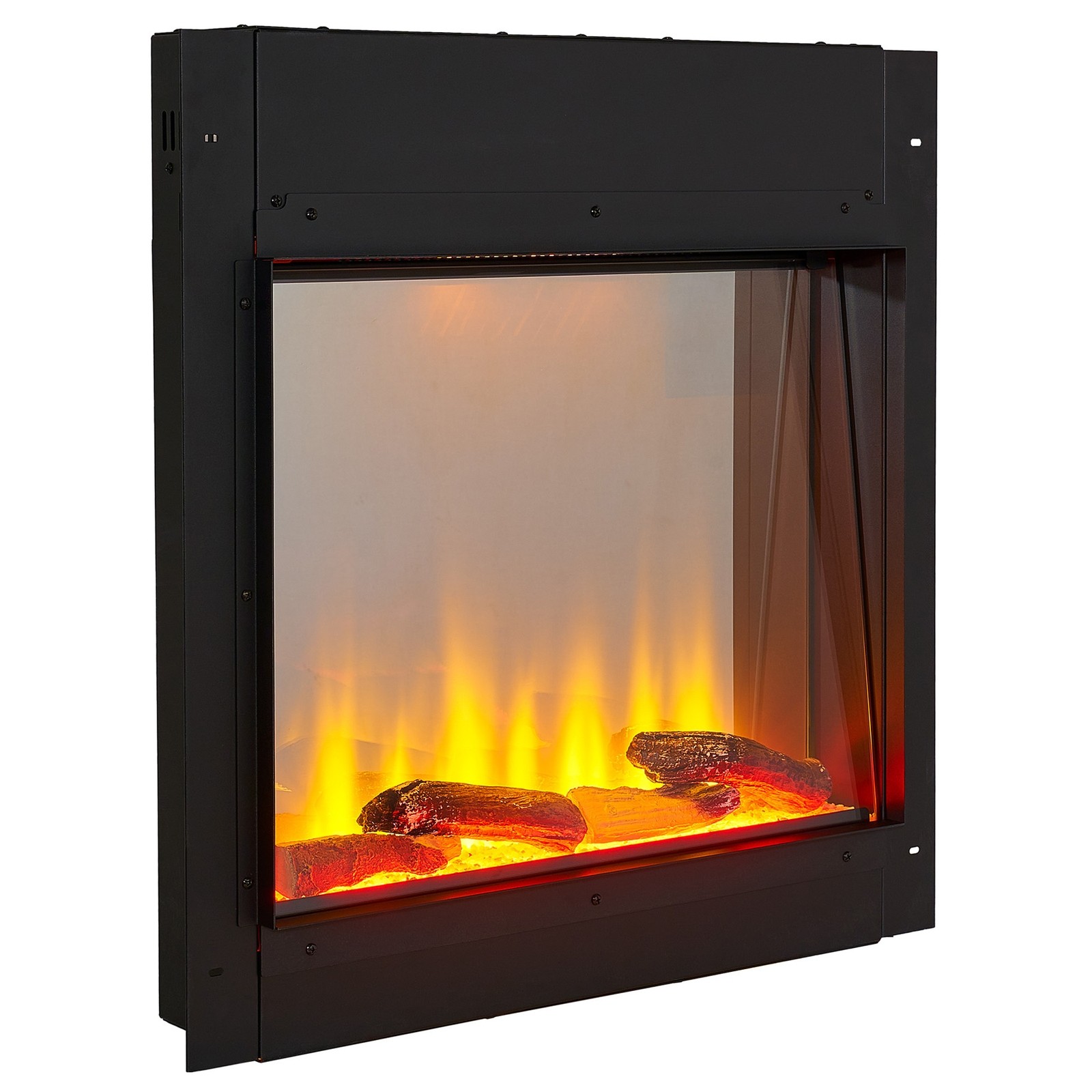 Sleek black fully inset electric fire with a glass front, featuring realistic flame effects and log accents, designed for a modern media wall installation.