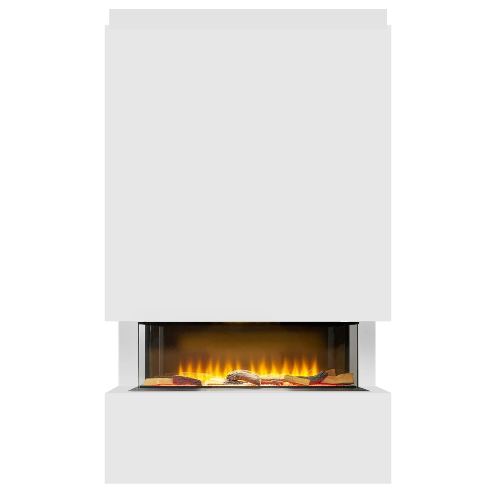 Sleek white pre-built panoramic media wall featuring a modern electric fireplace with realistic flames and logs, designed for a contemporary living space.