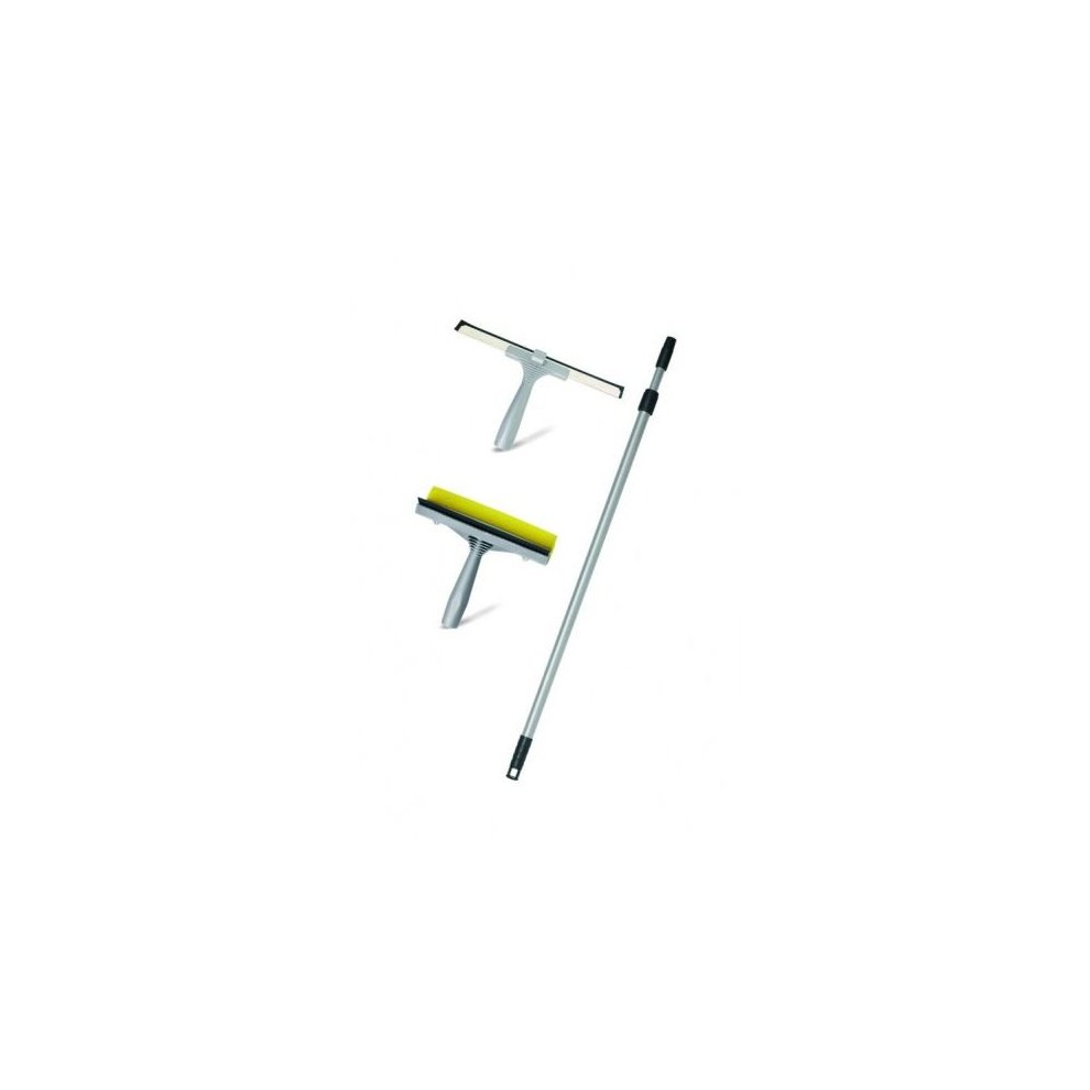 Grey Addis 3 in 1 Window Squeegee Kit featuring a squeegee, a scrubber with a yellow strip, and a detachable pole for easy cleaning.