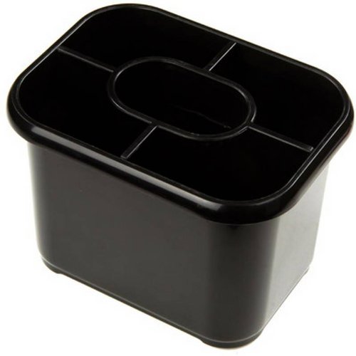 Black plastic cutlery drainer with a rectangular shape and multiple compartments for organizing utensils.