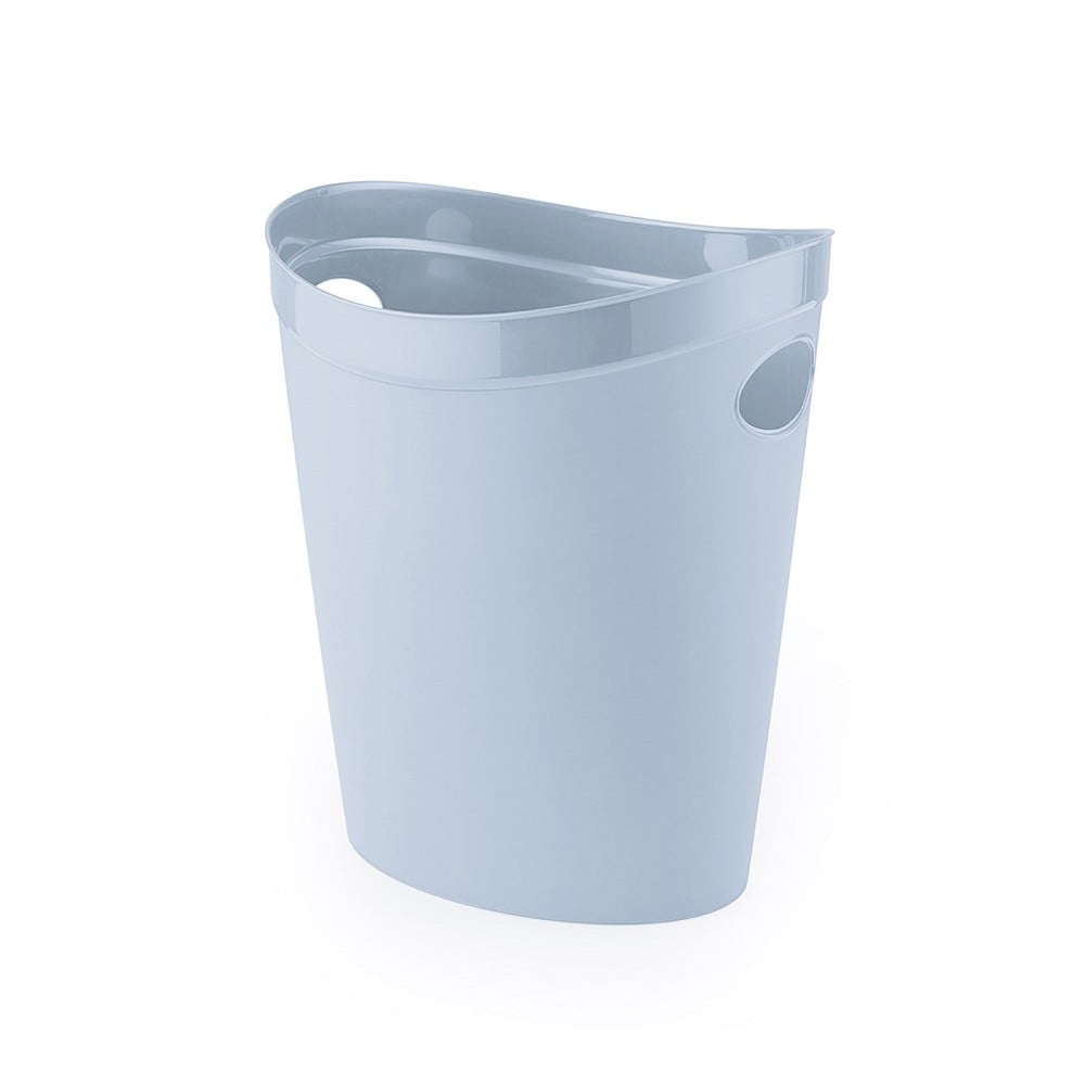 Grey, eco-friendly waste paper bin made from 100% recycled materials, featuring a curved design and two cut-out handles for easy carrying.