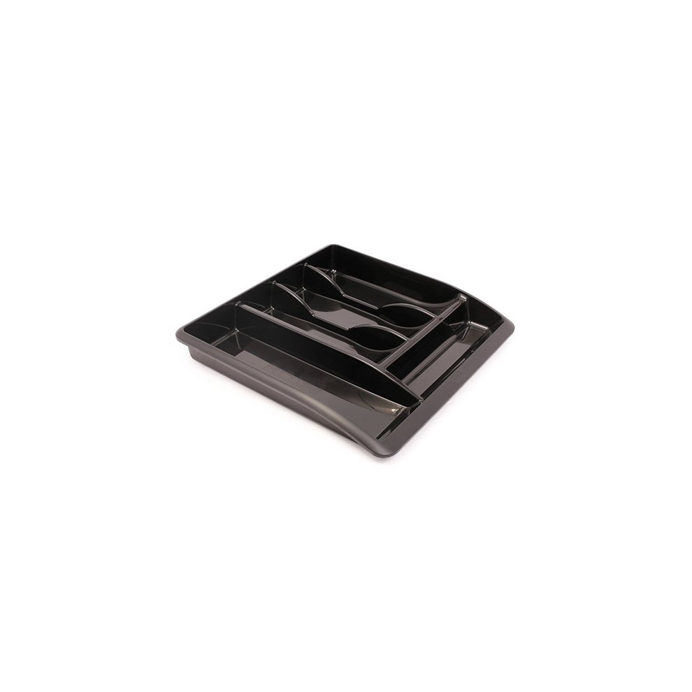 Black plastic utensils drawer organizer featuring multiple compartments for efficient storage and organization of kitchen tools.