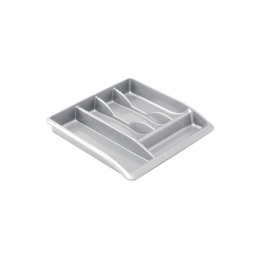 Metallic grey cutlery tray by Addis, featuring multiple compartments for organizing utensils, made of durable plastic with a smooth finish.