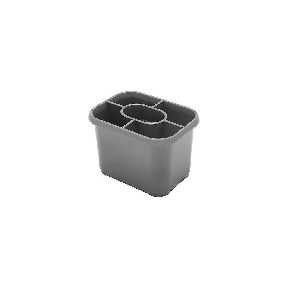 Metallic grey plastic cutlery drainer with a rectangular shape and four compartments for organizing utensils.