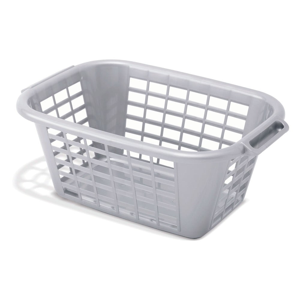 Rectangular metallic laundry basket in light gray, featuring a grid pattern, sturdy handles, and a 40L capacity, ideal for organizing laundry.