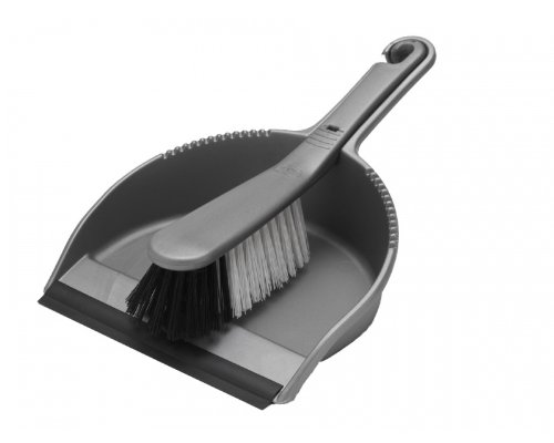 Silver plastic dustpan with a curved edge and a matching brush featuring black bristles, designed for efficient cleaning and easy storage.