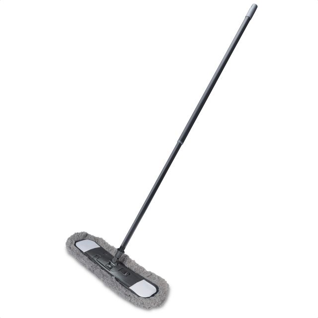 Gray flat mop with a microfiber head and a sturdy handle, designed for efficient cleaning on various surfaces.