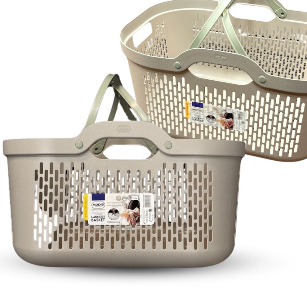 Large mushroom-colored plastic storage basket with handles, featuring a perforated design, labeled as "Signature Large Basket" by Addis, with a 45L capacity.