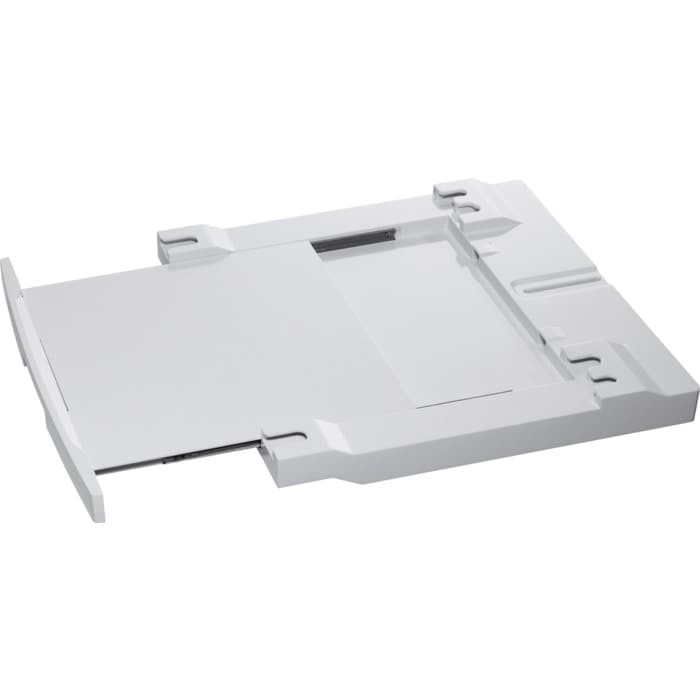 White AEG stacking kit with a pull-out shelf, featuring a sturdy design and smooth edges, ideal for organizing appliances in laundry spaces.
