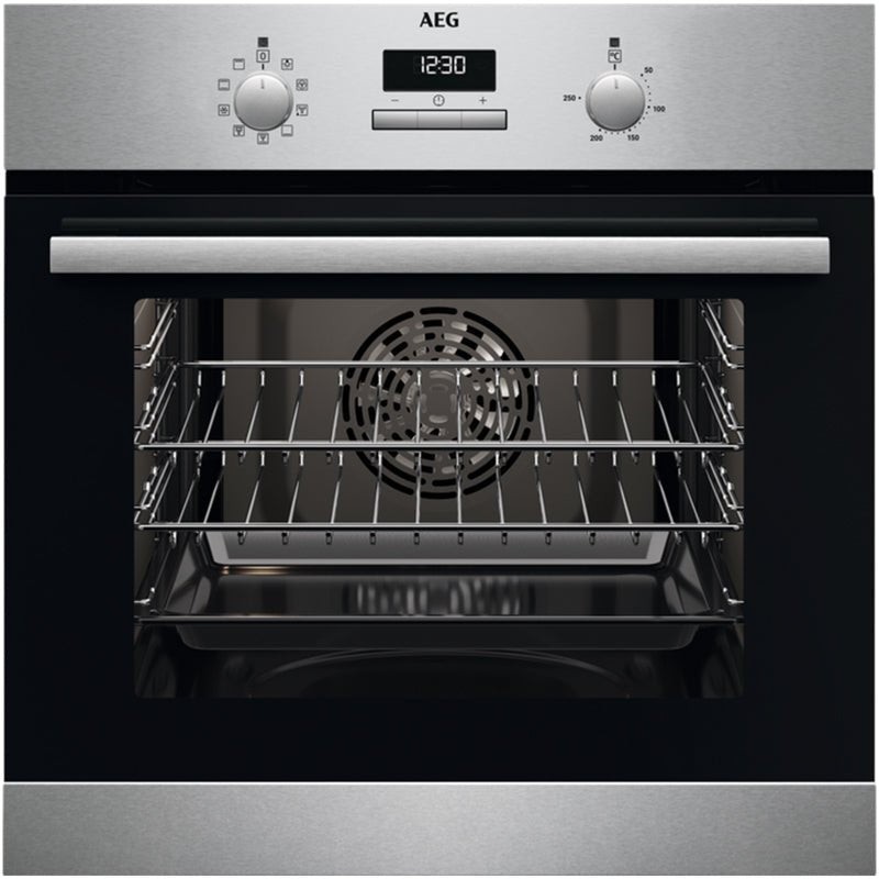 Stainless steel built-in electric single oven with a black glass door, digital display, and control knobs, featuring a spacious interior with a fan and wire racks.