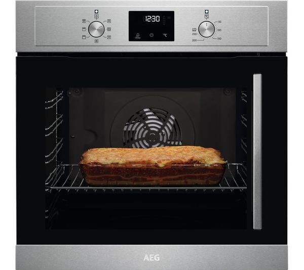 Stainless steel built-in electric oven featuring retractable dials, digital display, and a view of a baked dish inside, with a fan visible at the back.