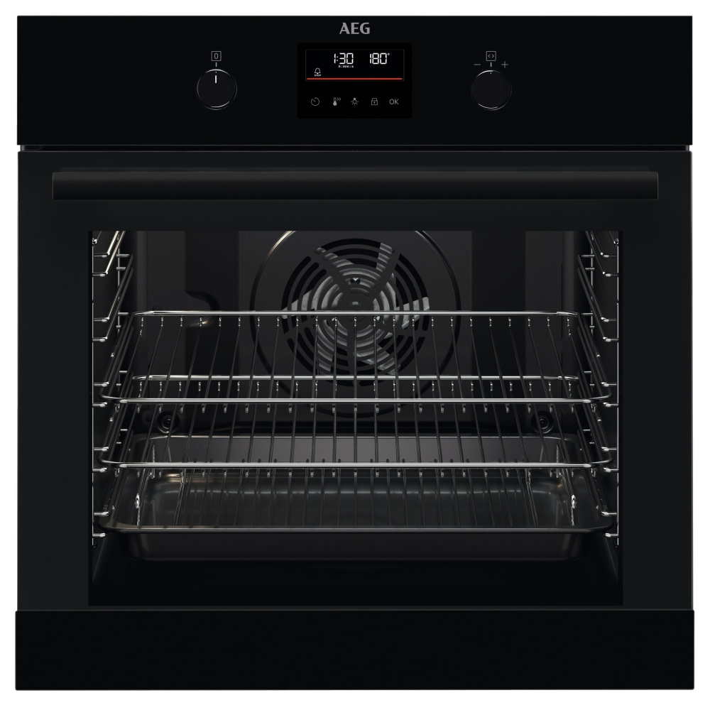 Black built-in electric single oven with a sleek design, featuring a digital display, two control knobs, and a spacious interior with wire racks and a fan for even cooking.