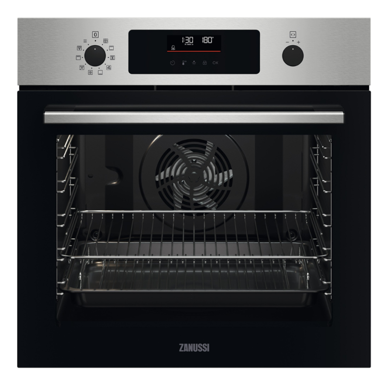 White electric single oven with stainless steel control panel, digital display, and interior fan, featuring a spacious black cavity and two wire racks.