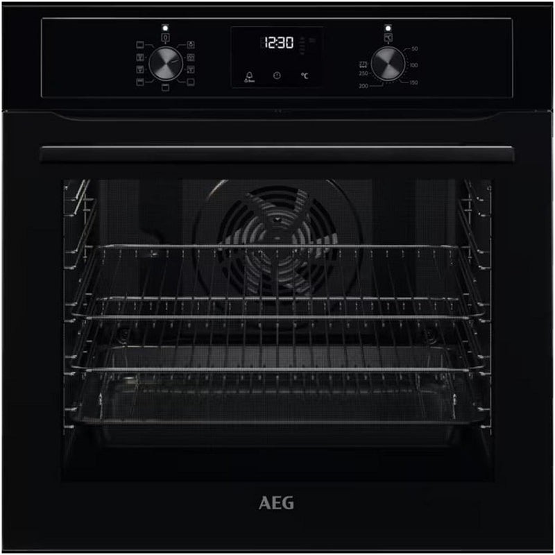 Black AEG oven featuring a glass door, stainless steel racks, digital display with time and temperature settings, and a fan for even cooking.