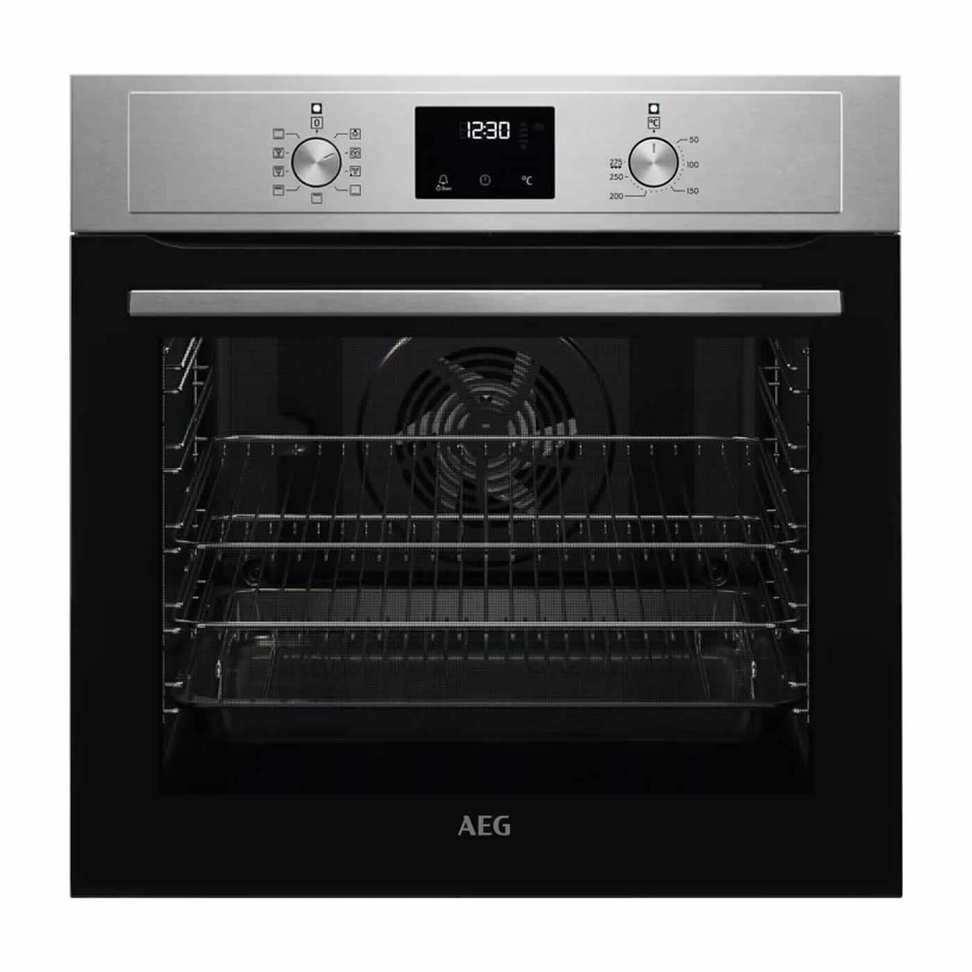 Black built-in oven with stainless steel control panel, two dials, digital display, and a glass door revealing wire racks and a fan for even cooking.