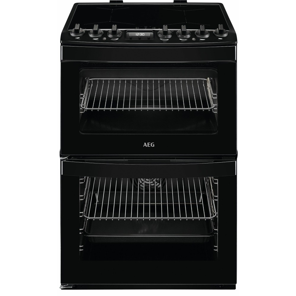 Black AEG CIB6743ACB induction electric cooker featuring a double oven design, sleek glass top, stainless steel knobs, and two spacious wire racks inside the ovens.