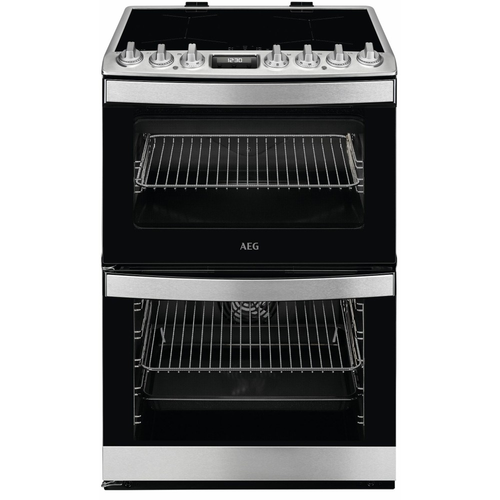 Stainless steel AEG CIB6743ACM 6000 Series 60cm electric induction cooker features a sleek design, touch controls, and two ovens with wire racks for versatile cooking.
